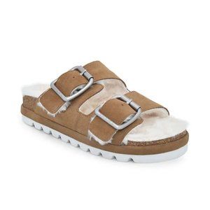 Tan Faux Fur-Lined Suede Slides from J/SLIDES